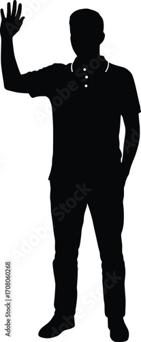 Silhouette of man waving hand, standing upright with one hand in pocket, casual pose vector illustration, black isolated figure on white background.