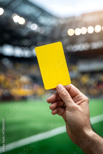 Referee hand presenting a vivid yellow caution card on a blurred stadium background