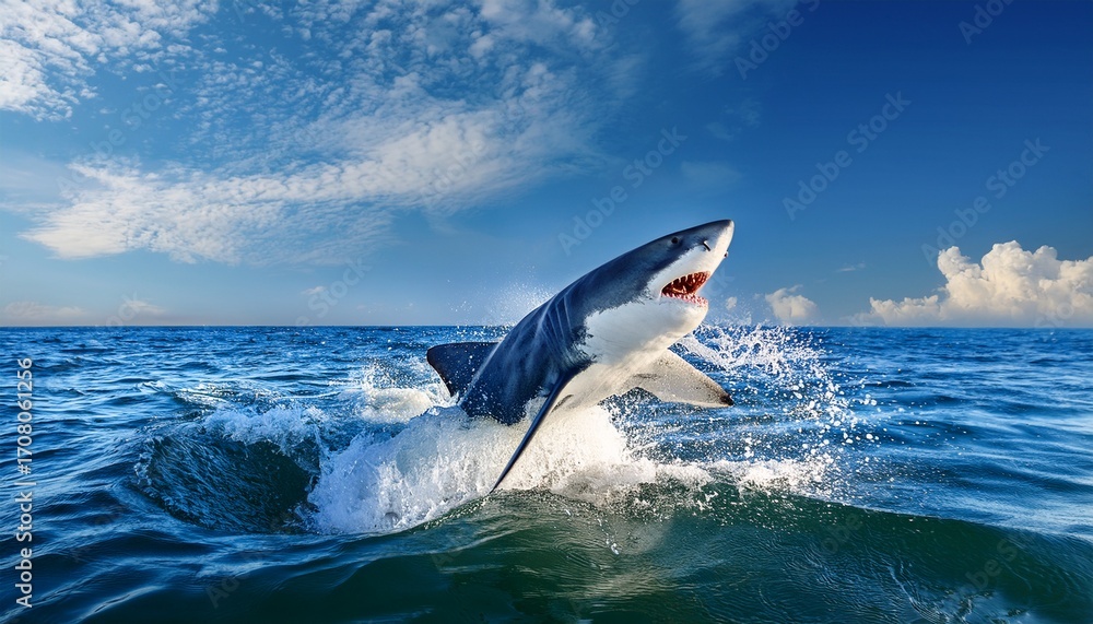 Fototapeta premium powerful great white shark breaching ocean surface under bright blue sky and cloudy atmosphere