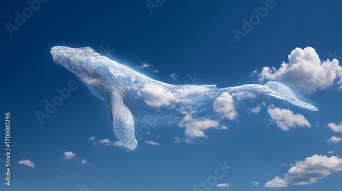 Giant Whale Shaped Cloud in Bright Blue Sky Surrounded by Fluffy White Clouds