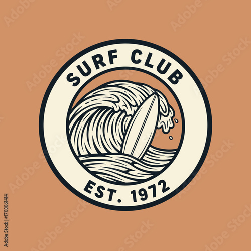 A vintage-style surf club logo featuring a surfboard riding a large ocean wave.