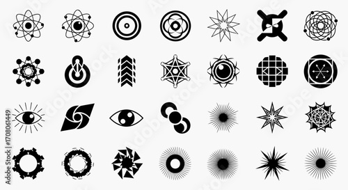 A collection of abstract geometric symbols and icons, including atomic structures, eyes, gears, and starbursts, isolated on a