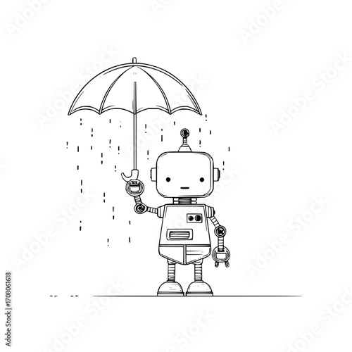 Robot umbrella rain illustration cartoon cute ai generated drawing sketch outline vector graphic art design