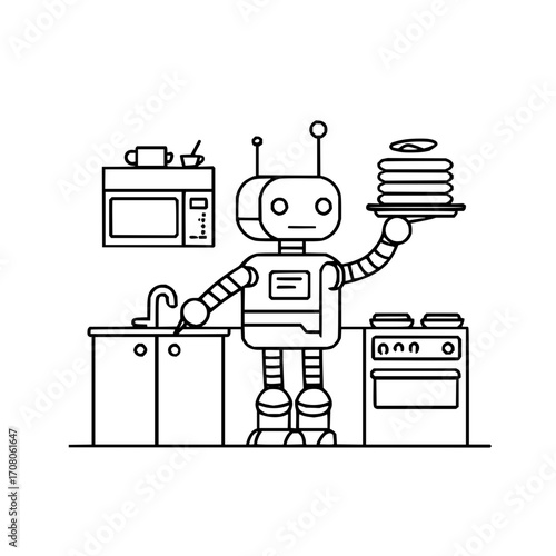Robot kitchen cooking pancakes appliance microwave sink oven automation technology futuristic design vector