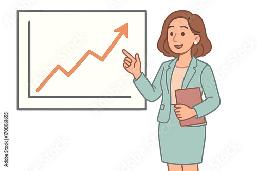 Business woman presentation with upward trend graph. Professional expert pointing at rising chart. Concept of financial growth, success, data analysis, market increase.