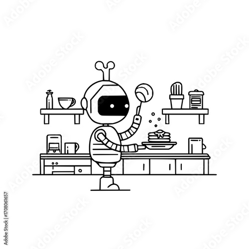 Robot cooking pancakes kitchen breakfast food automation technology ai futuristic domestic appliance chef 100