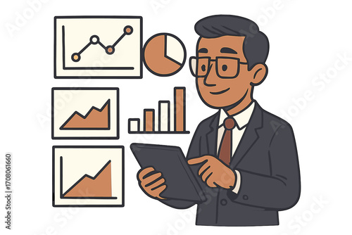 Business analyst examining data on graphs and charts. Man with tablet studying financial report. Concept of data analytics, statistics, market research, business intelligence.