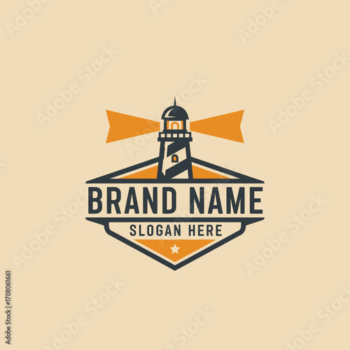 Vintage lighthouse logo design with a banner, perfect for nautical businesses.