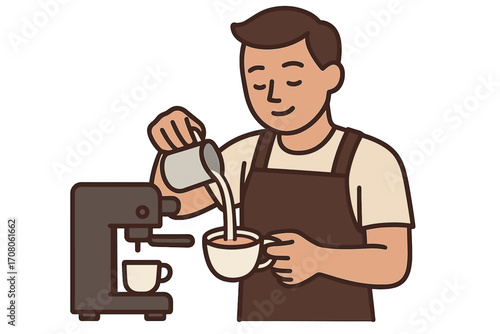 Barista crafting coffee in minimalist style. Man pouring milk for latte art next to espresso machine. Coffee shop professional at work. Vector cartoon character illustration.