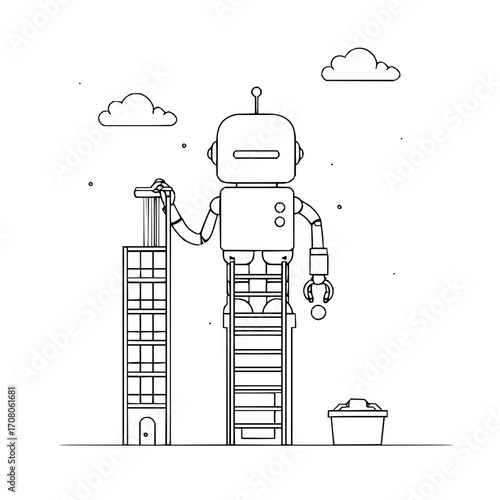 Robot building ladder construction architecture cityscape future technology automation engineering innovation design 3d art