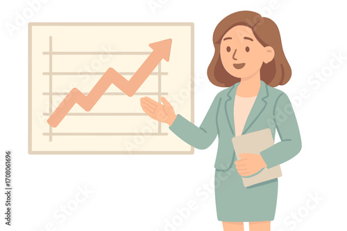 Business presentation with professional woman and upward trend graph. Corporate training, financial report, data analysis, sales growth, and success concept vector.