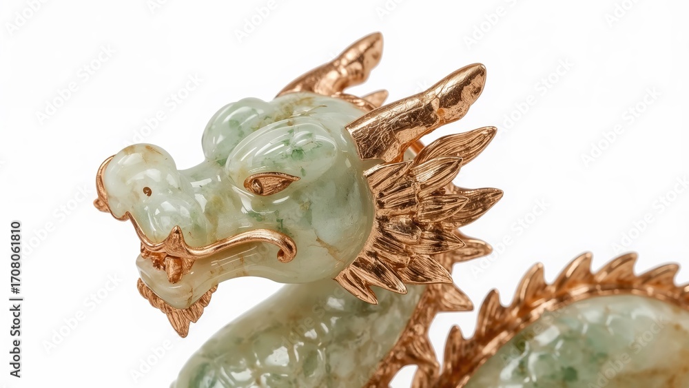 Obraz premium Jade dragon sculpture with golden details on white background, traditional chinese mythical creature ornament