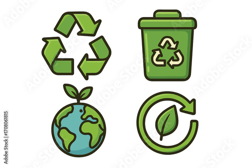 Recycling and sustainability eco-friendly icon set. Green vector cartoon symbols for waste management, ecology, planet earth care, and environmental conservation concepts.