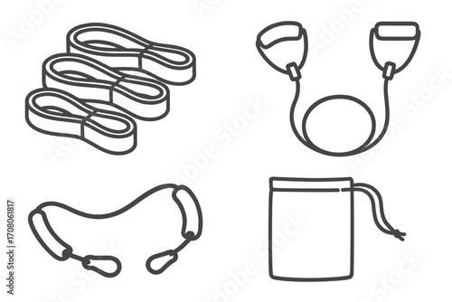 Fitness resistance bands icon set. Home gym workout equipment. Vector line art. Exercise loop band, expander tube with handles and bag. Strength training, physiotherapy.