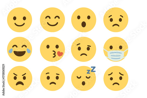 Emoji set of various expressions. Flat design emoticon collection. Vector character face icons showing emotions like happy, sad, love, anger, sleep, and surprise. Cartoon illustration.