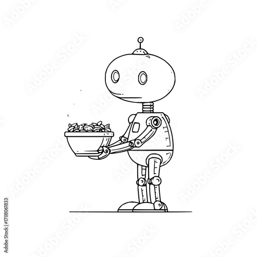 Robot bowl holding robot vector illustration line art drawing cute robot character design outline robot image