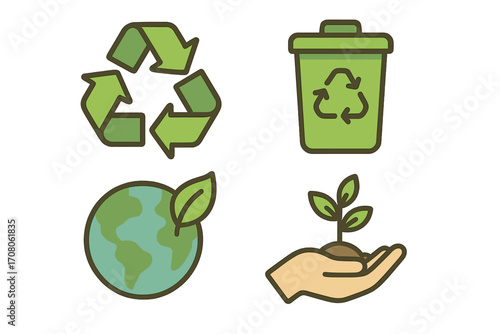 Sustainability and recycling vector icon set. Eco-friendly symbols including recycle logo, waste bin, green earth, and plant growth for environmental conservation concepts.