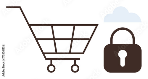 Minimalist brown shopping cart next to a lock and cloud, symbolizing secure transactions and data protection. Ideal for e-commerce, cyber security, cloud storage, online retail, privacy, digital
