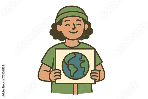Climate activist holding planet sign. Eco-friendly advocacy vector illustration. Global warming protest and environmental conservation concept. Save the Earth cartoon character.