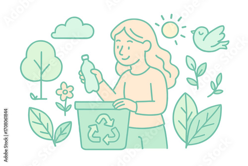 Eco-friendly lifestyle concept with woman recycling a plastic bottle. Vector illustration for sustainability, environmental care, and nature conservation. Green living cartoon.