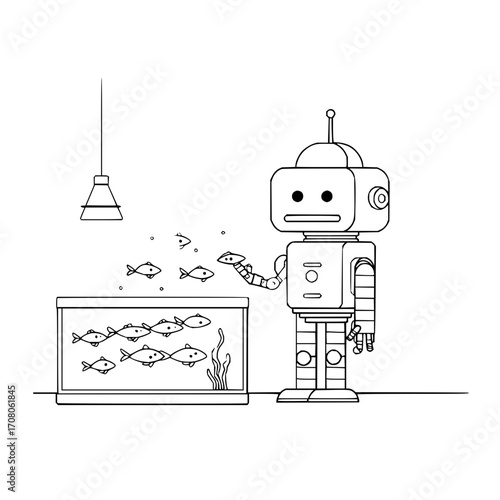 Robot feeding fish aquarium tank pet automation technology artificial intelligence line drawing outline art 100