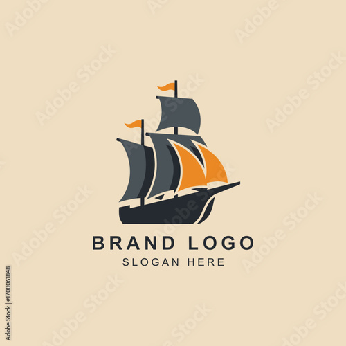 Vintage ship logo design, featuring dark gray hull and orange sails, for a brand identity.