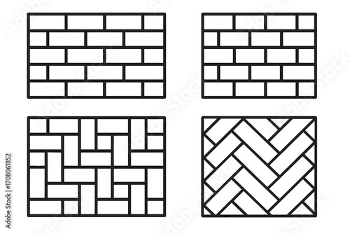 Geometric brick wall patterns set. Vector line art illustration of masonry textures. Includes herringbone, basketweave, running and stack bond. Black and white design elements.