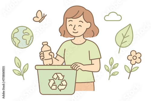 Woman recycling plastic bottle for eco friendly lifestyle concept. Earth day and environment conservation. Sorting waste for sustainable future. Vector cartoon line art.