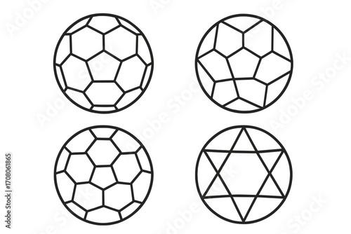 Geometric soccer ball line art set. Abstract football sphere icons and hexagram symbol. Black and white minimalist vector illustration. Sport signs and logo elements.