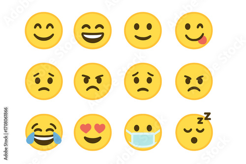 Big set of vector emoji and emoticons. Cartoon flat style facial expressions. Mood icons collection with happy, sad, angry, love, and sleeping faces for social media.
