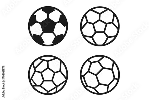 Set of soccer balls vector icons. Football sport symbol collection. Black and white minimalist line art graphic. Geometric pattern illustration. Isolated sports equipment design.