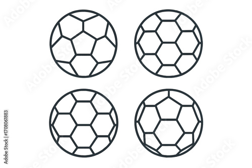 Minimalist soccer ball vector icon set. Black and white line art footballs with geometric patterns. Sports equipment graphic for game, league, championship, or tournament.