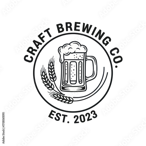 Vintage logo for a craft brewery company, featuring a glass of beer and wheat.