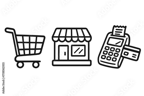 Shopping and retail vector icon set. Line art illustration of a shopping cart, storefront, and POS payment terminal. Concept for e-commerce, purchase, and transaction.