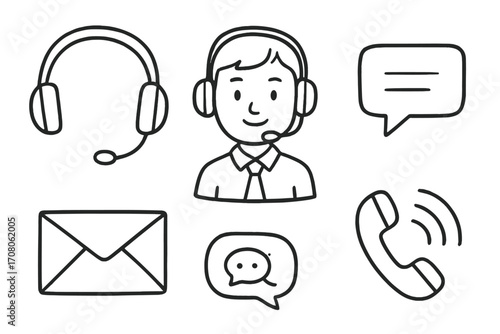 Hand-drawn customer service icons set. Doodle cartoon style vector illustration. Call center agent, operator with headset, phone, email, chat, support, contact us symbols.