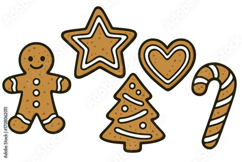 Hand-drawn Christmas gingerbread cookie set. Vector cartoon illustration of holiday shapes. Gingerbread man, star, heart, tree, candy cane. Festive winter dessert food.