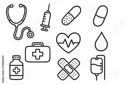 Medical doodle icon set. Hand-drawn vector line art. Healthcare symbols for hospital or clinic. Stethoscope, syringe, pill, capsule, heartbeat, first aid kit, bandage, IV drip.