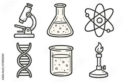 Hand-drawn science icons set. Vector cartoon line art collection. Includes microscope, DNA, atom, laboratory flask, beaker, Bunsen burner. Chemistry, biology, physics symbols.