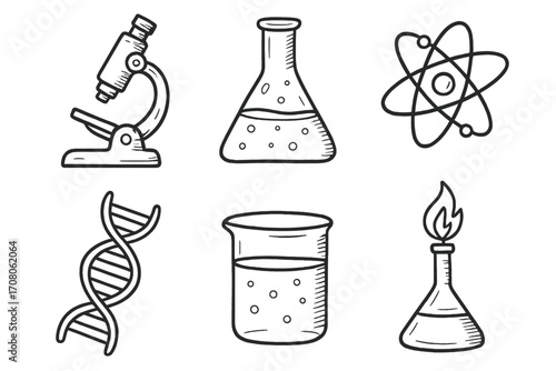 Science and chemistry doodle icon set. Hand-drawn vector sketch of microscope, DNA, atom, flask, beaker, and burner. Education and laboratory research elements.
