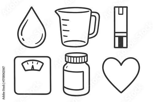 Health and wellness icon set. Hand-drawn sketches for healthy lifestyle concepts like diet, weight management, hydration, diabetes testing, supplements, and heart health vector.