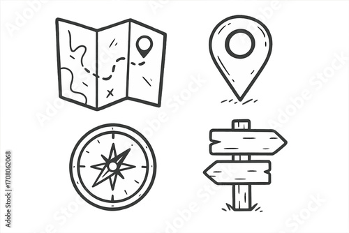Hand-drawn navigation icon set. Doodle compass, map, location pin and signpost for travel and adventure. Vector cartoon illustration for journey, direction, and route finding.