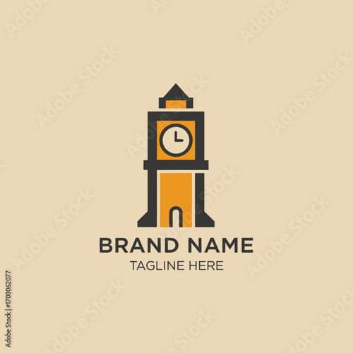 Stylized illustration of a clock tower with a simple, modern design, featuring a clock face and architectural details, presented on a neutral background.