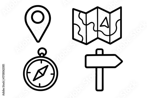 Travel and navigation line icon set. Hand-drawn vector symbols. Compass for direction, map for cartography, pin for location and GPS. Arrow signpost for guidance and route finding.