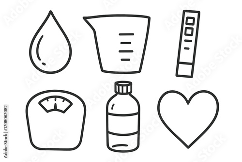 Vector icon set for healthy lifestyle. Hand drawn water drop, scale, measuring cup, bottle, test strip, heart. Cartoon illustration for hydration, diet, weight loss, fitness.