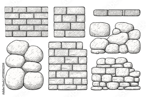 Hand-drawn brick and stone wall collection. Detailed sketch set with various masonry textures. Vector cartoon illustration of construction elements. Building material pattern.