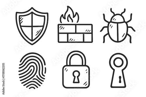 Cyber security icon set. Hand drawn vector illustration. Data protection symbols. Shield, firewall, bug, virus, fingerprint, lock, keyhole. Internet safety concept.