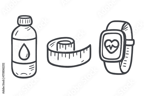 Hand drawn fitness icons set. Vector illustration of hydration, measurement, and health tracking symbols. Water bottle, measuring tape, smartwatch with heart rate monitor.