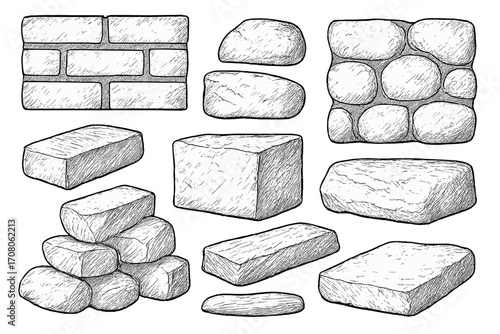 Hand drawn brick and stone collection. Detailed sketch set with various textures. Vector cartoon illustration. Masonry, cobblestone, and building material design elements.