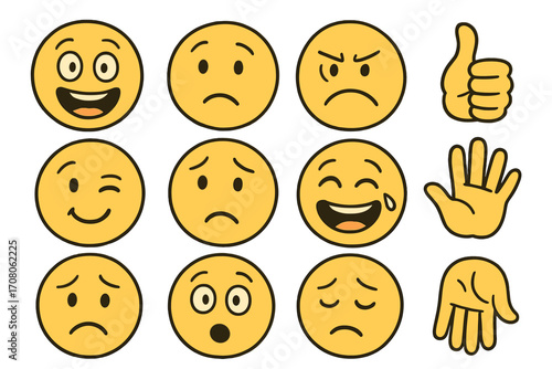 Vector cartoon emoji and emoticon sticker set. Hand drawn collection of funny smileys with different expressions. Happy, sad, angry faces and hand gestures like thumbs up, wave.