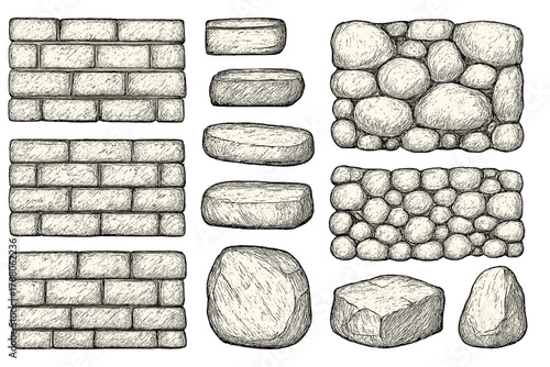 Hand drawn brick and stone wall collection. Detailed sketch set with masonry textures. Vector illustration of rocks and cobblestone patterns. Engraving style building materials.